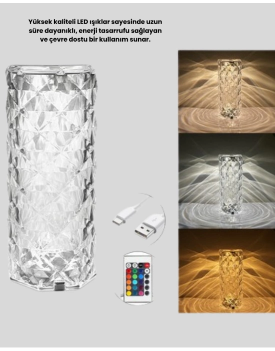 ® Kristal RGB LED Masa Lambası – Renkli Kumandalı Işık, Dekoratif ve Enerji Tasarruflu