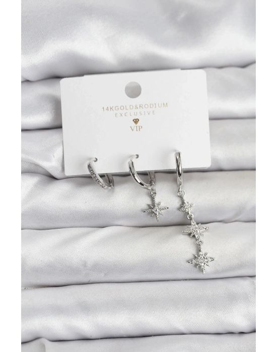 ® Kutup Yıldızı Model Gümüş Renk Pirinç 3lü Kadın Küpe Seti