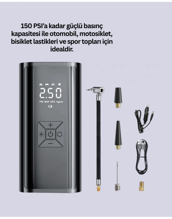 ® LED Fenerli ve SOS Işıklı Çok Fonksiyonlu Hava Kompresörü