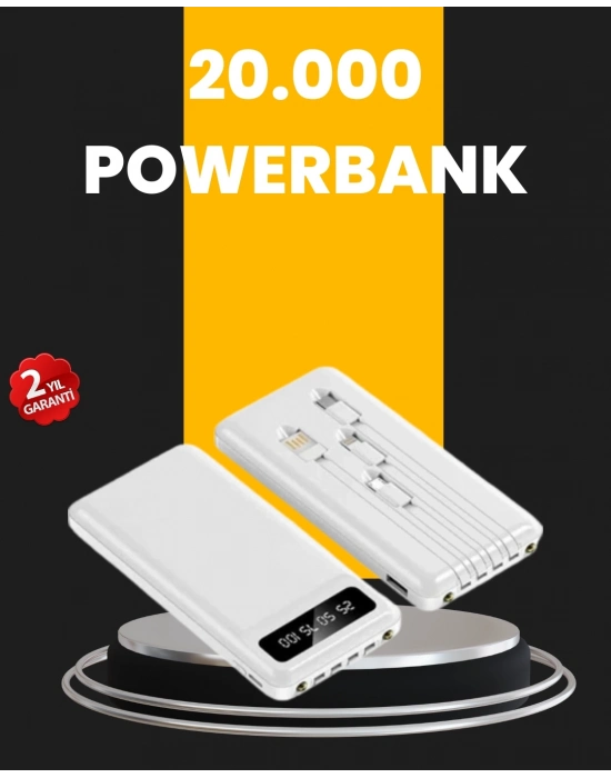 ® LED Işıklı 20.000mAh Powerbank LCD Gösterge Dahili Çoklu Kablo