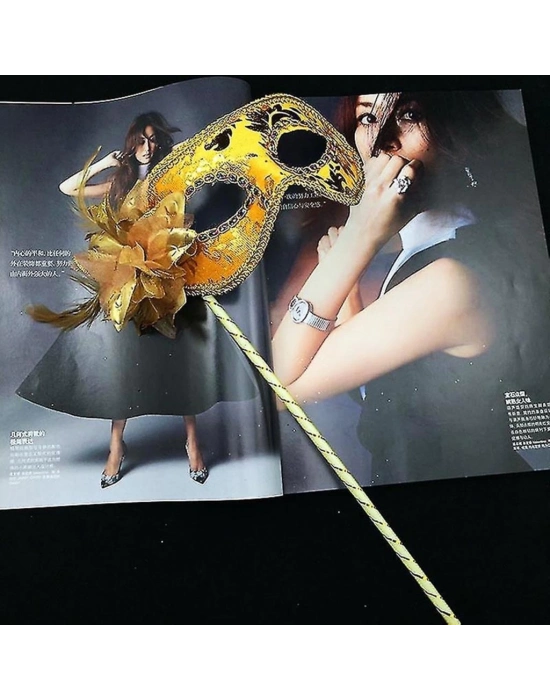 Lüks Taşlı Saplı Maskeli Balo Maskesi Altın Renk 35 cm