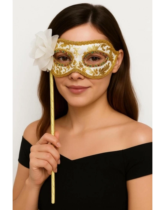 Lüks Taşlı Saplı Maskeli Balo Maskesi Beyaz Renk 35 cm