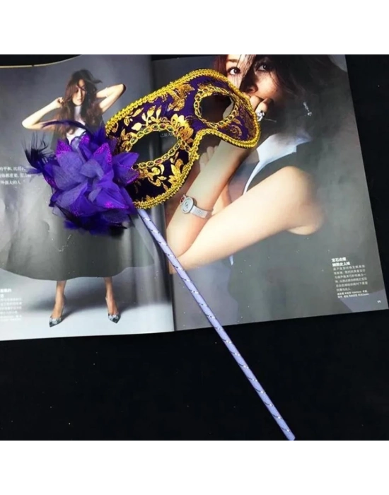 Lüks Taşlı Saplı Maskeli Balo Maskesi Mor Renk 35 cm
