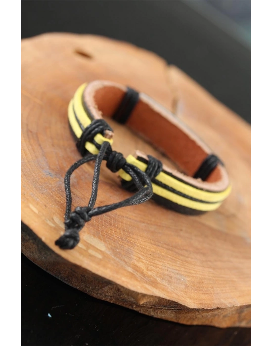® Metal Aksesuarlı Sarı Siyah Renk Deri Erkek Bileklik