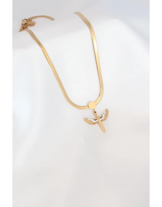 ® Mikail Figür Zirkon Taş Detay Gold Renk Çelik İtalyan Zincir Kadın Kolye