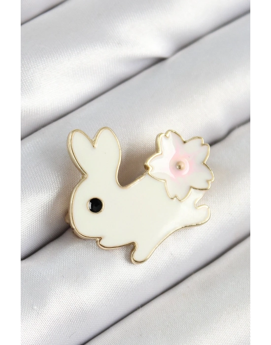 ® Mineli Çiçek Detaylı Krem Tavşan Figürlü Gold Renk Kadın Broş