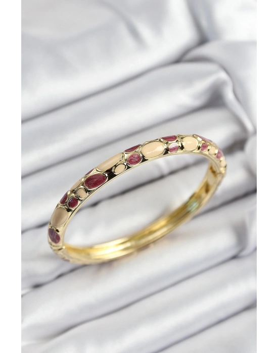 ® Mineli Pirinç Fuşya Ve Krem Petek Motifli Gold Renk Kadın Kelepçe