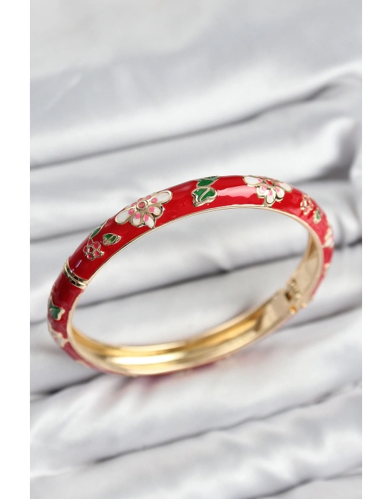 ® Mineli Pirinç Kırmızı Çiçek Motifli Gold Kadın Kelepçe