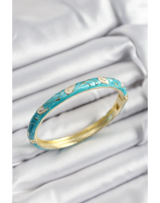 ® Mineli Pirinç Krem Ve Turkuaz Yaprak Motifli Gold Renk Kadın Kelepçe