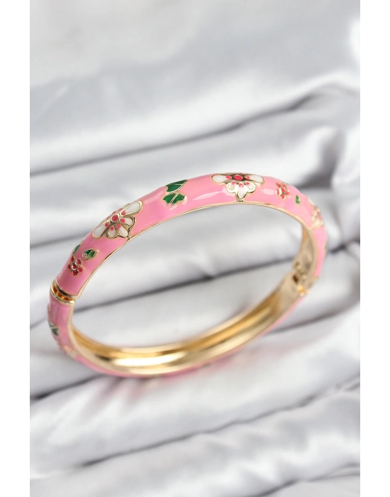 ® Mineli Pirinç Pembe Çiçek Motifli Gold Kadın Kelepçe