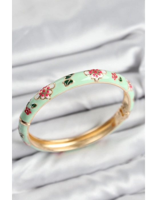 ® Mineli Pirinç Su Yeşili Çiçek Motifli Gold Kadın Kelepçe