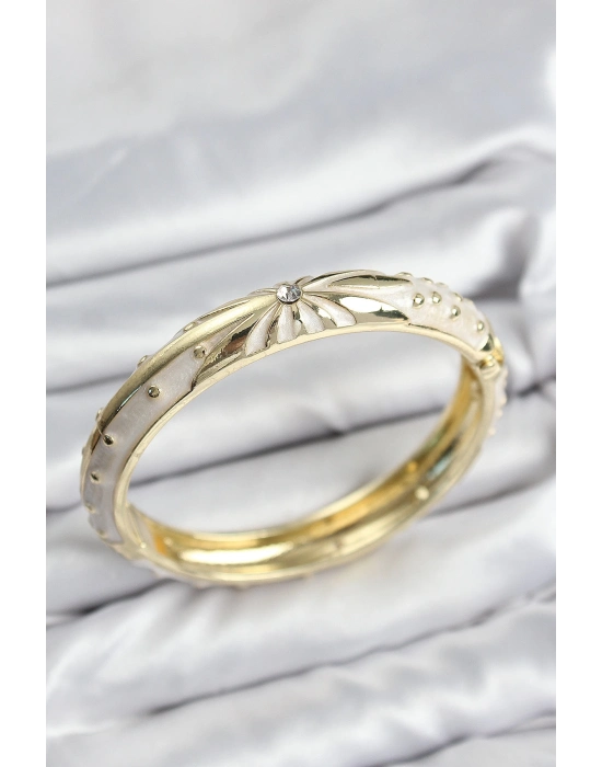 ® Mineli Pirinç Zirkon Taşlı Bej Desen Motifli Gold Kadın Kelepçe
