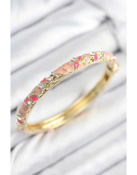 ® Mineli Pirinç Zirkon Taşlı Pembe Çiçek Motifli Gold Kadın Kelepçe