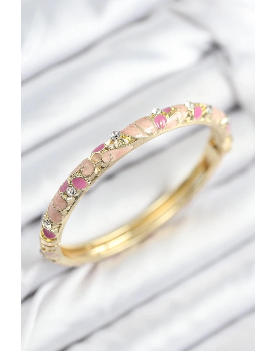 ® Mineli Pirinç Zirkon Taşlı Pembe Çiçek Motifli Gold Kadın Kelepçe