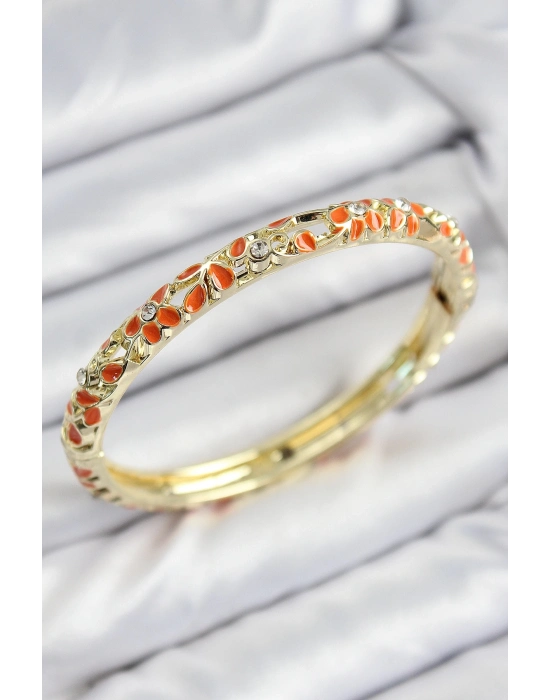® Mineli Pirinç Zirkon Taşlı Turuncu Çiçek Motifli Gold Kadın Kelepçe