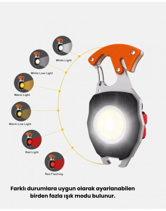 ® Mini LED Anahtarlık Fener – Şişe Açacağı, Tornavida, Düdük ve USB Şarj Özellikli