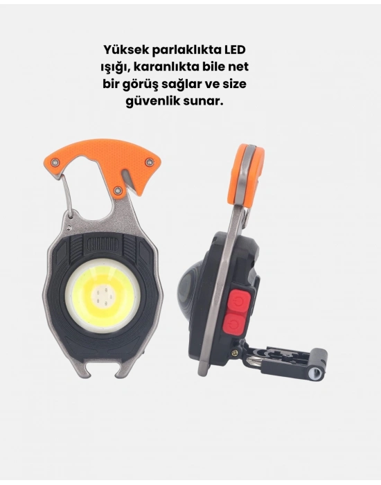 ® Mini LED Anahtarlık Fener – Şişe Açacağı, Tornavida, Düdük ve USB Şarj Özellikli