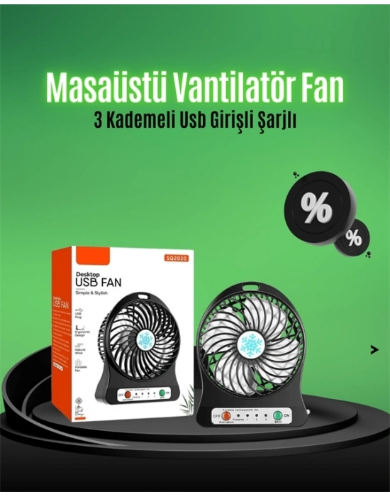 ® Mini USB Fan – Şarj Edilebilir, Işıklı, 3 Kademe, Taşınabilir Masaüstü Vantilatör