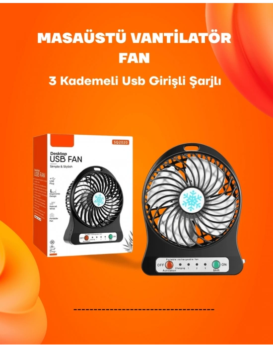 ® Mini Vantilatör Masaüstü – USB Girişli, Şarjlı, 3 Kademe, Sessiz Motor, Işıklı