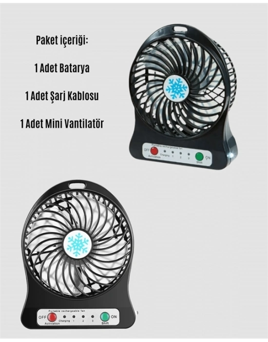® Mini Vantilatör Masaüstü – USB Girişli, Şarjlı, 3 Kademe, Sessiz Motor, Işıklı