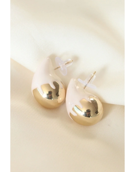 ® Minimal Beyaz Mineli Çift Renk Damla Küpe