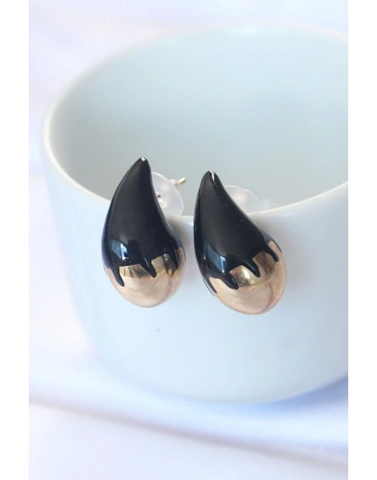 ® Minimal Siyah Mineli Çift Renk Damla Küpe