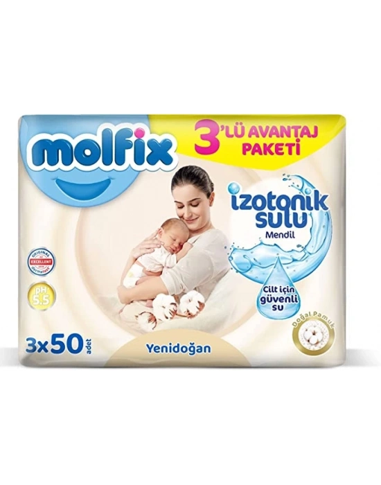 ® Yenidoğan İzotonik Sulu Doğal Pamuk Islak Havlu Mendil 3Lü 150 Yaprak