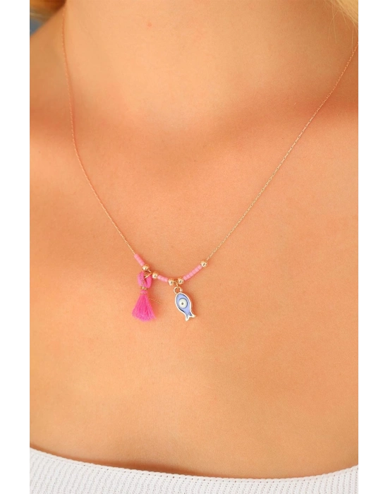 ® Nazar Boncuklu Pembe Renk Taşlı Rose Bayan Kolye