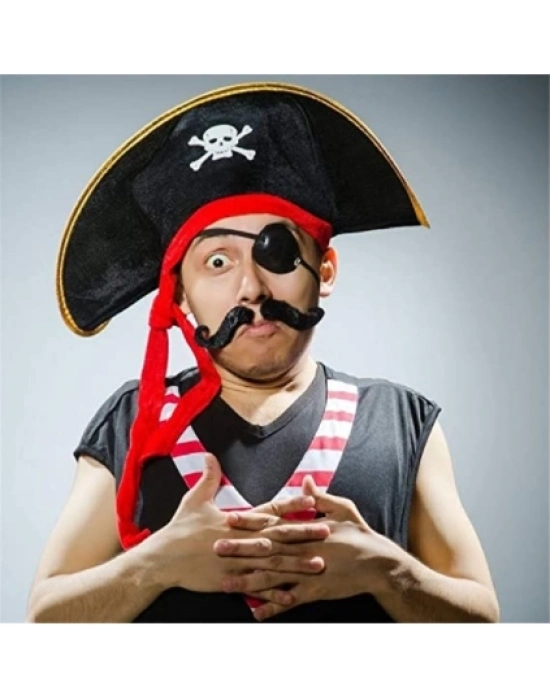 Yetişkin Boy Kadife Kaptan Jack Sparrow Korsan Şapkası ve Plastik Korsan Göz Maskesi