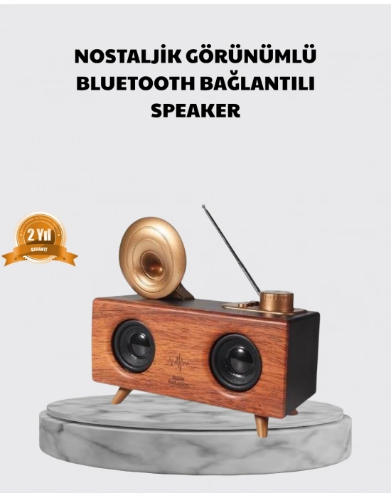 ® Nostaljik Gramofon Bluetooth Hoparlör – FM Radyo + USB + SD Kart Destekli