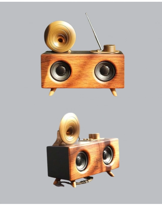 ® Nostaljik Gramofon Bluetooth Hoparlör – FM Radyo + USB + SD Kart Destekli