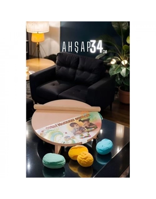 Çocuk 34 cm Ahşap Hamur Açma Masası Mini Oklava ile Oyun Hamuru Tahtası 714536