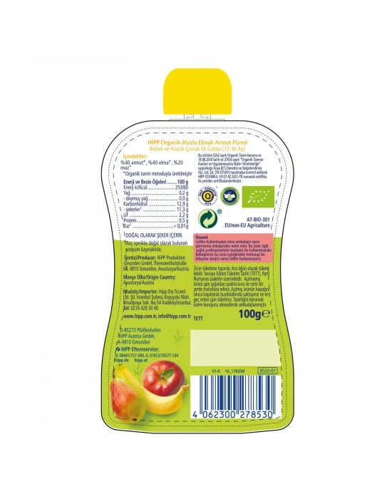 ®   Organik Muzlu Elmalı Armutlu Meyve Püresi 100 Gr
