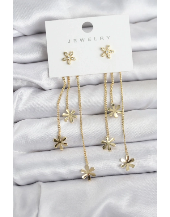 ® Papatya Model Gold Renk Pirinç Sallantılı Kadın Küpe