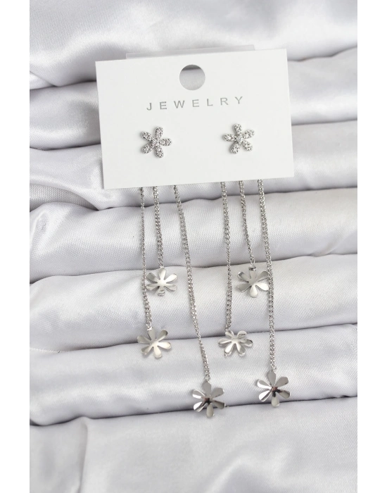 ® Papatya Model Gümüş Renk Pirinç Sallantılı Kadın Küpe