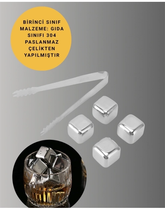 ® Paslanmaz Çelikten Üretilmiş Metal Buz Küpü Seti ve Buz Klipsi