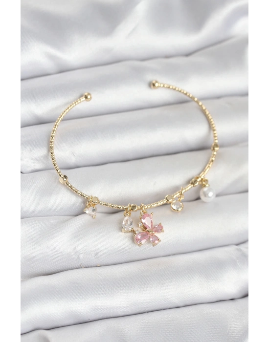 ® Pembe Kelebek Charmlı Gold Renk Kadın Bileklik