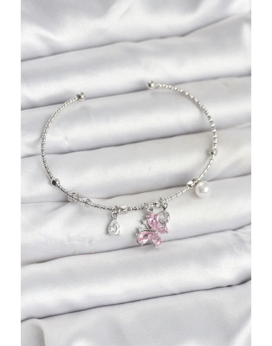 ® Pembe Kelebek Charmlı Gümüş Renk Kadın Bileklik