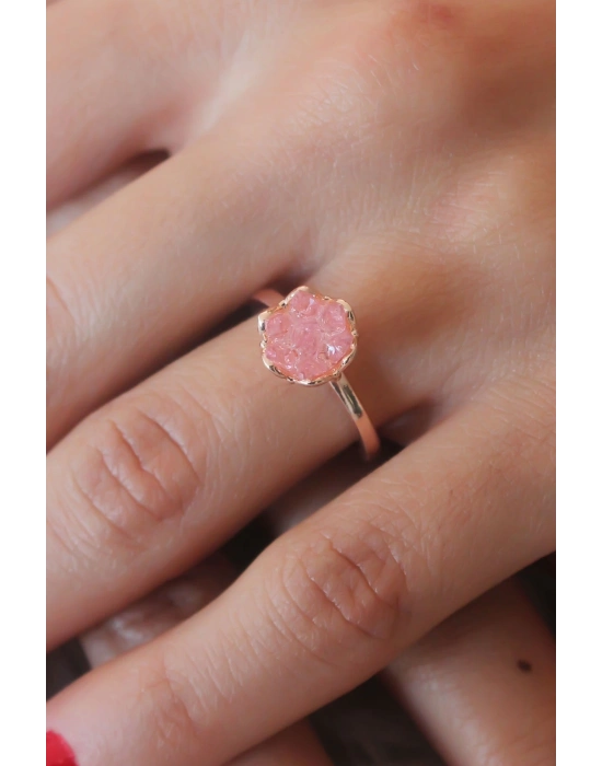 ® Pembe Lotus Çiçek Figür Gold Renk Kadın Yüzük