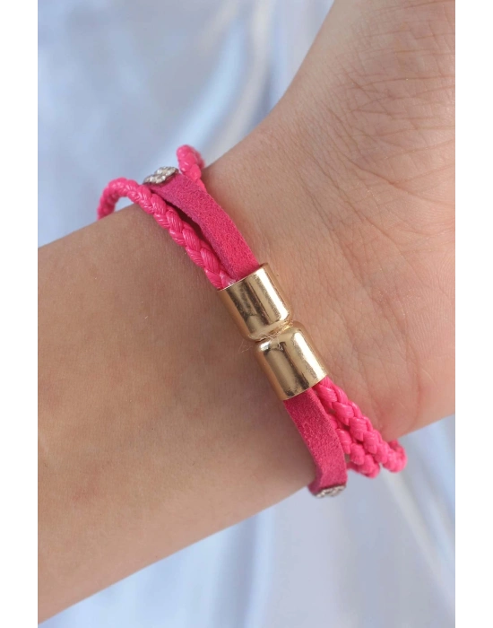 ® Pembe Renk Zirkon Taşlı Deri Çoklu Bileklik