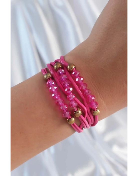 ® Pembe Renk Zirkon Taşlı İpli Çoklu Bileklik