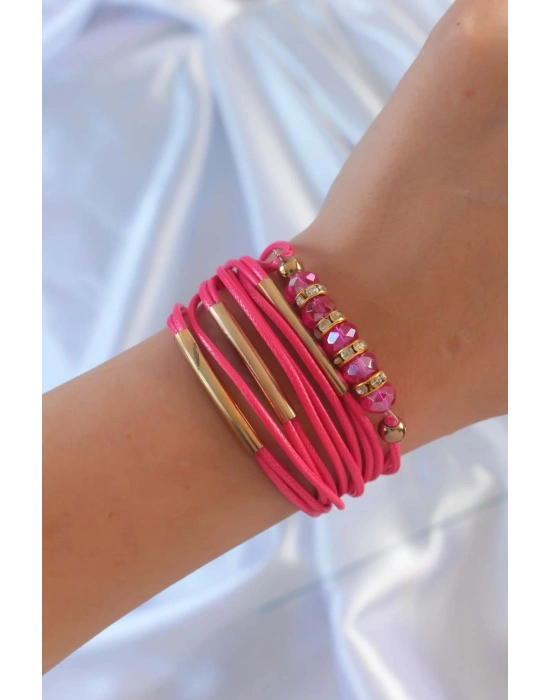 ® Pembe Renk Zirkon Taşlı Metal Aksesuarlı İpli Çoklu Bileklik