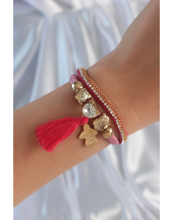 ® Pembe Renk Zirkon Taşlı Püskül Detay Deri Çoklu Bileklik