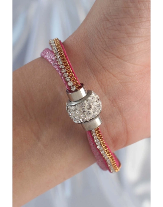 ® Pembe Renk Zirkon Taşlı Püskül Detay Deri Çoklu Bileklik