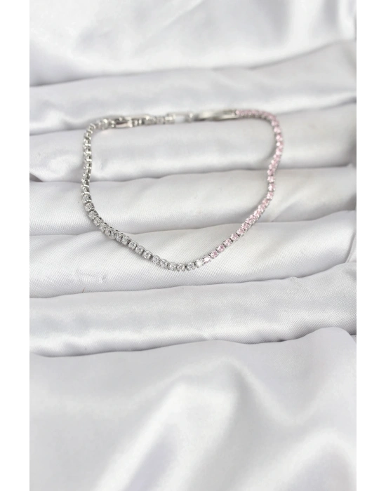 ® Pembe ve Beyaz Zirkon Taşlı Gümüş Renk Su Yolu Kadın Bileklik