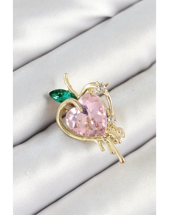 ® Pembe Ve Yeşil Zirkon Taşlı 3D Eriyen Kalp Figürlü Gold Renk Kadın Broş