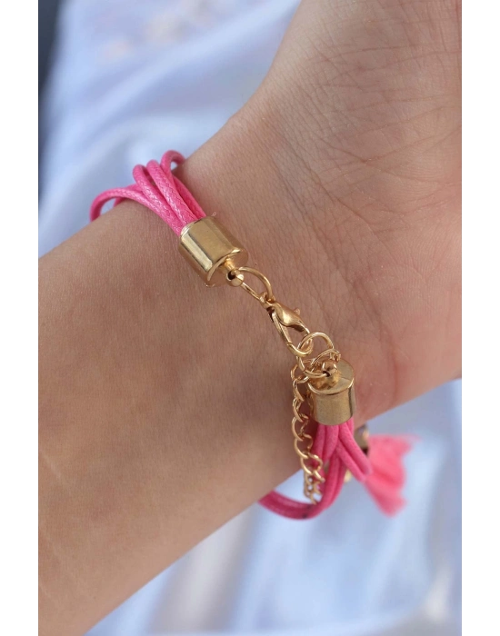 ® Pembe Zirkon Taşlı İpli Püskül Detay Çoklu Bileklik