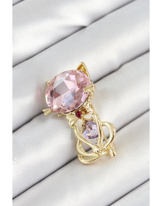 ® Pembe Zirkon Taşlı Kap Detaylı Kedi Figürlü Gold Renk Kadın Broş