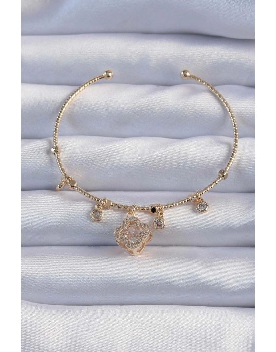 ® Pirinç Altın Renk Zirkon Taşlı Yonca Model Charm Bileklik