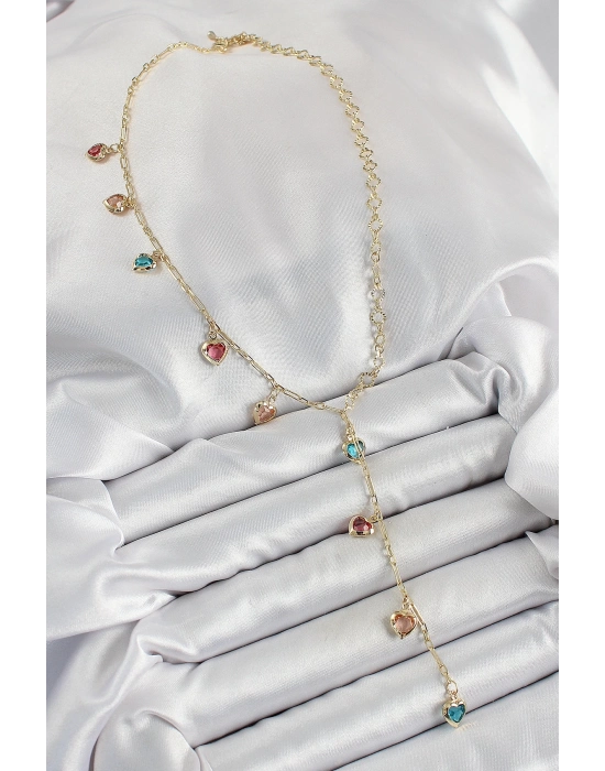 ® Pirinç Asorti Kalp Model Gold Renk Zirkon Taşlı Y Kolye